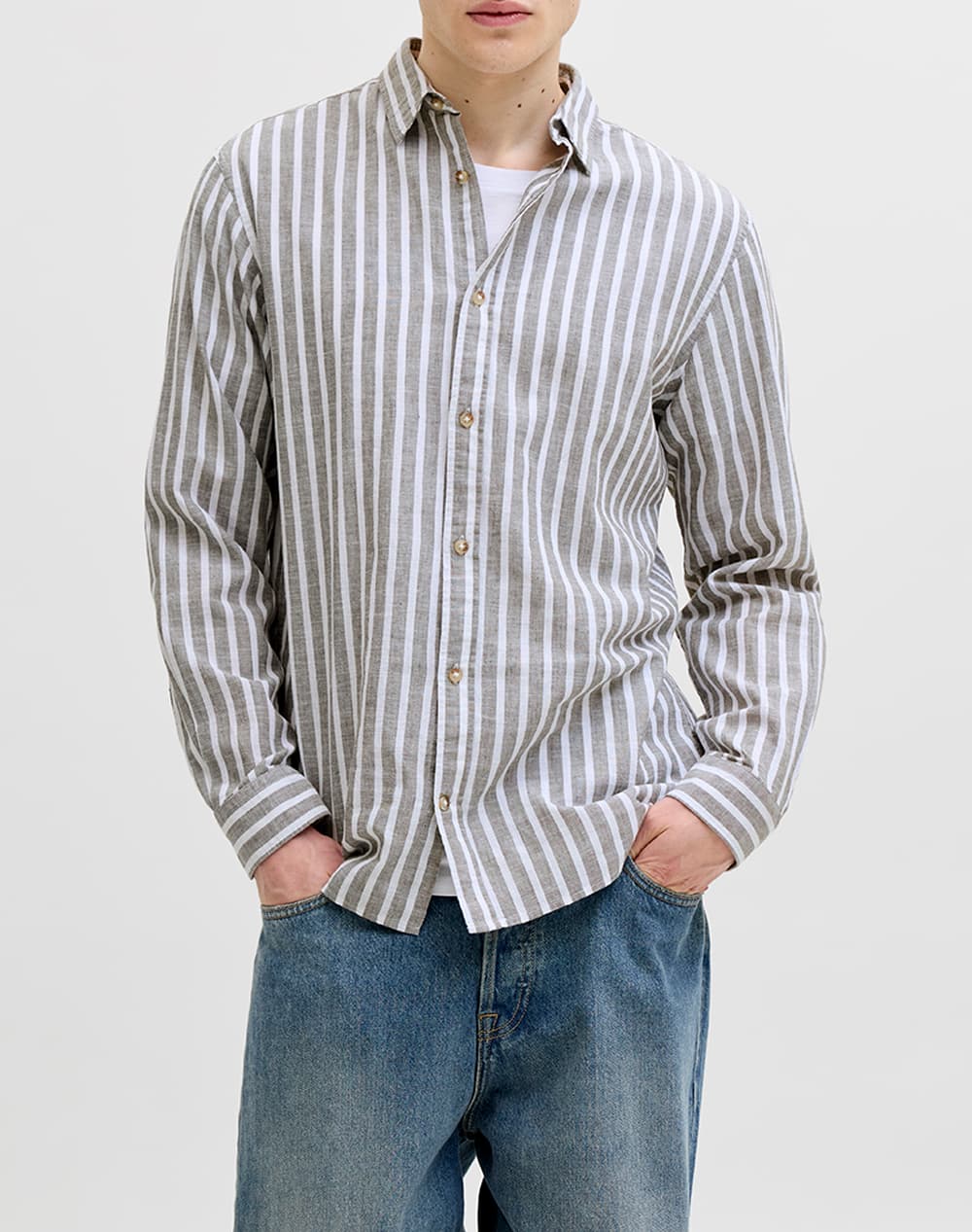 JACK&JONES JJESUMMER LINEN BLEND SHIRT L/S SN 12289174-VetiverSTRIPES Gray