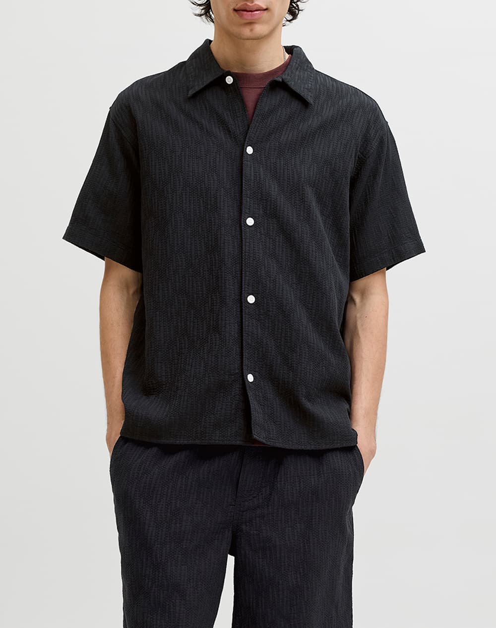 JACK&JONES JORMONTAUK WAVY TEXTURE SHIRT SS SN 12293555-BLACK Black