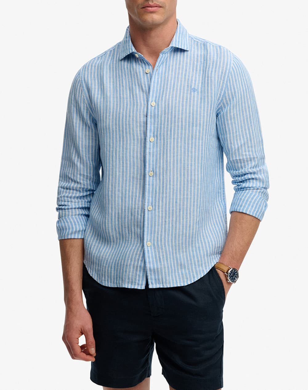 SUPERDRY D2 STUD RIVIERA L/S LINEN SHIRT ΠΟΥΚΑΜΙΣΟ ΑΝΔΡΙΚΟ M4011103A-J9E LightBlue