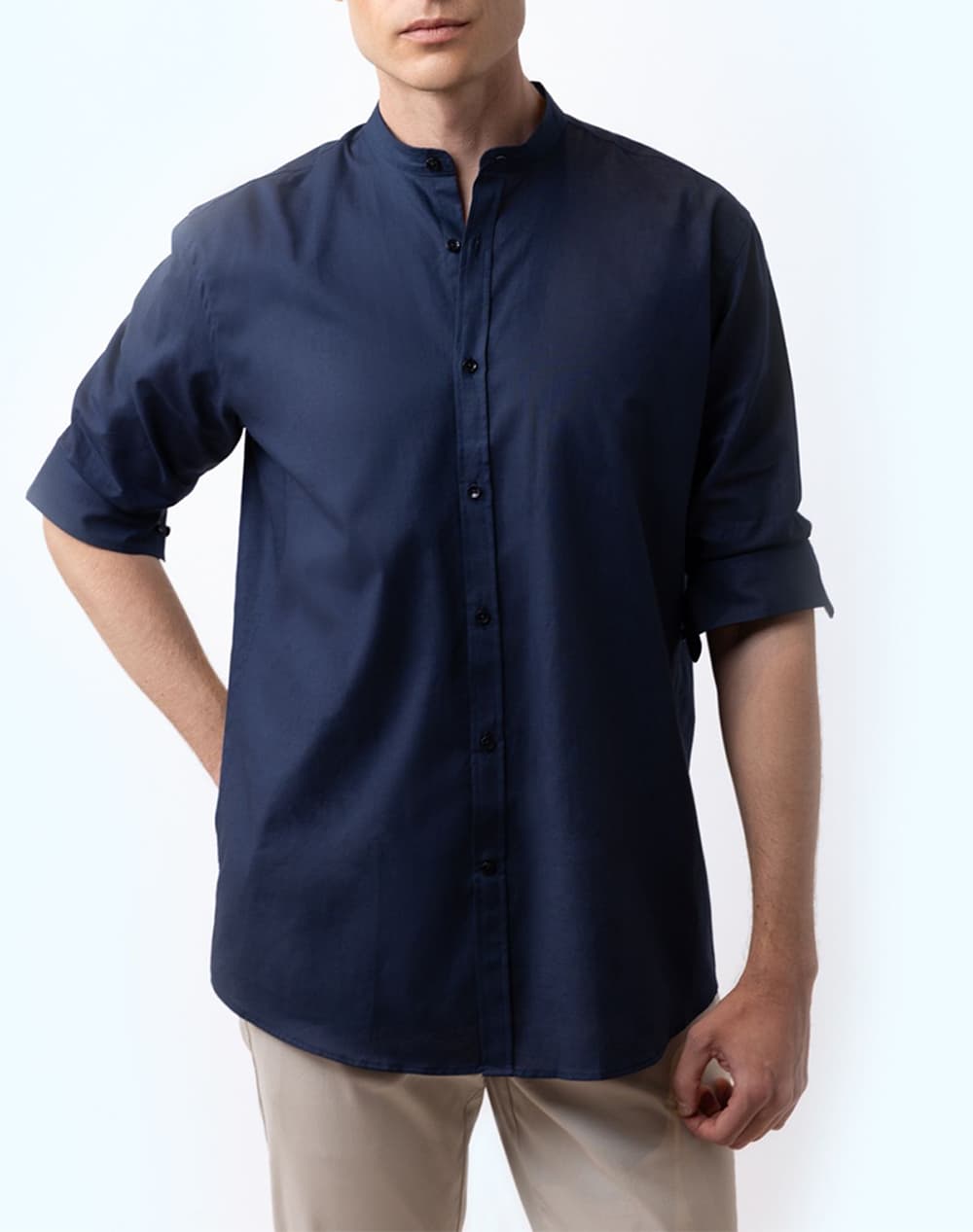THE BOSTONIANS ΠΟΥΚΑΜΙΣΟ ΒΑΜΒΑΚΙ ΛΙΝΟ CUSTOM FIT Plain COTTONLINEN Mao CustomFit 3A4P1098-DARK Indigo