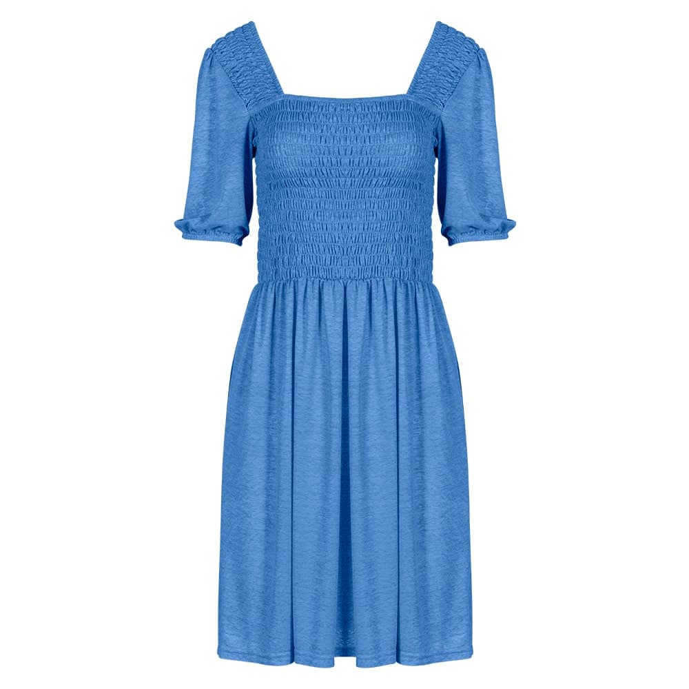 Φόρεμα Μπλε Σφηκοφωλιά με Puffed Μανίκια