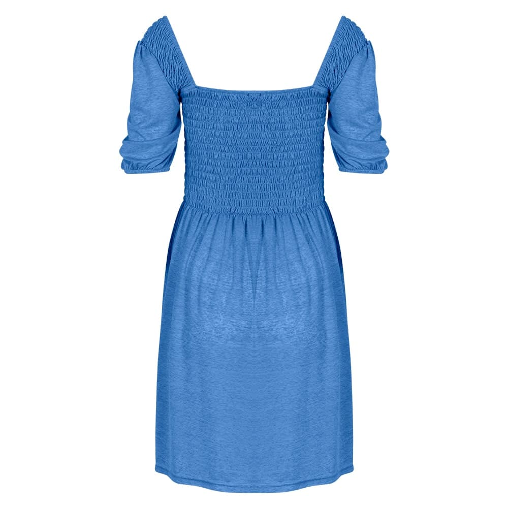 Φόρεμα Μπλε Σφηκοφωλιά με Puffed Μανίκια