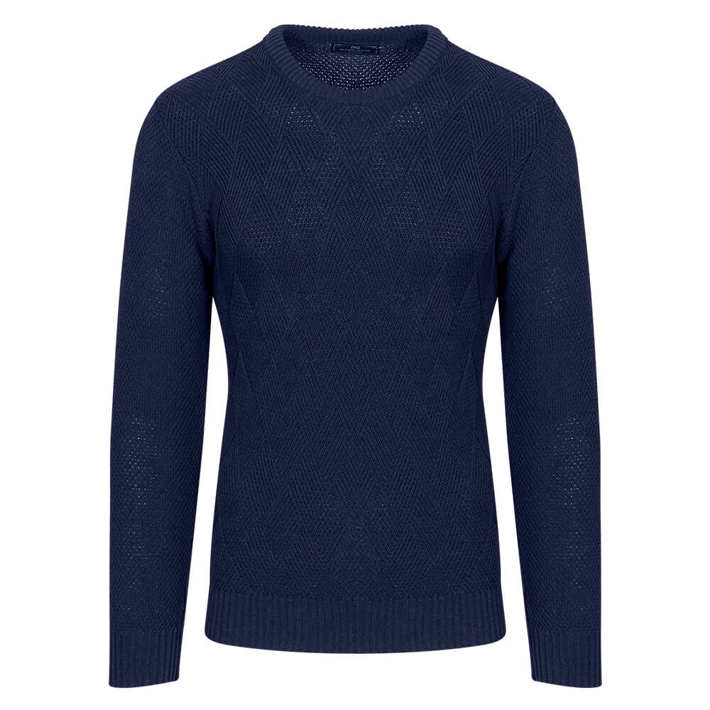 Πουλόβερ Μπλε Σκούρο Round Neck Πλέξη Ζακάρ 100% Cotton (Modern Fit)