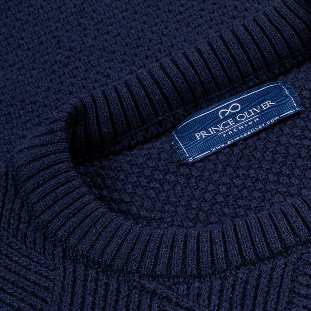 Πουλόβερ Μπλε Σκούρο Round Neck Πλέξη Ζακάρ 100% Cotton (Modern Fit)
