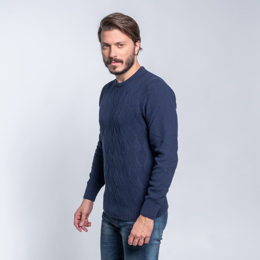 Πουλόβερ Μπλε Σκούρο Round Neck Πλέξη Ζακάρ 100% Cotton (Modern Fit)