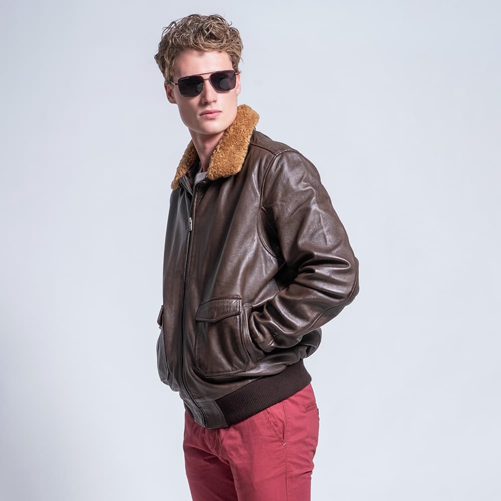 Δερμάτινο Μπουφάν Καφέ Aviator 100% Leather Jacket (Modern Fit)