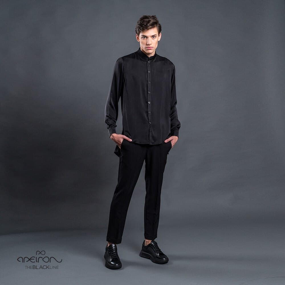 Πουκάμισο με Μάο Γιακά Μαύρο Black Line Apeiron (Modern Fit)