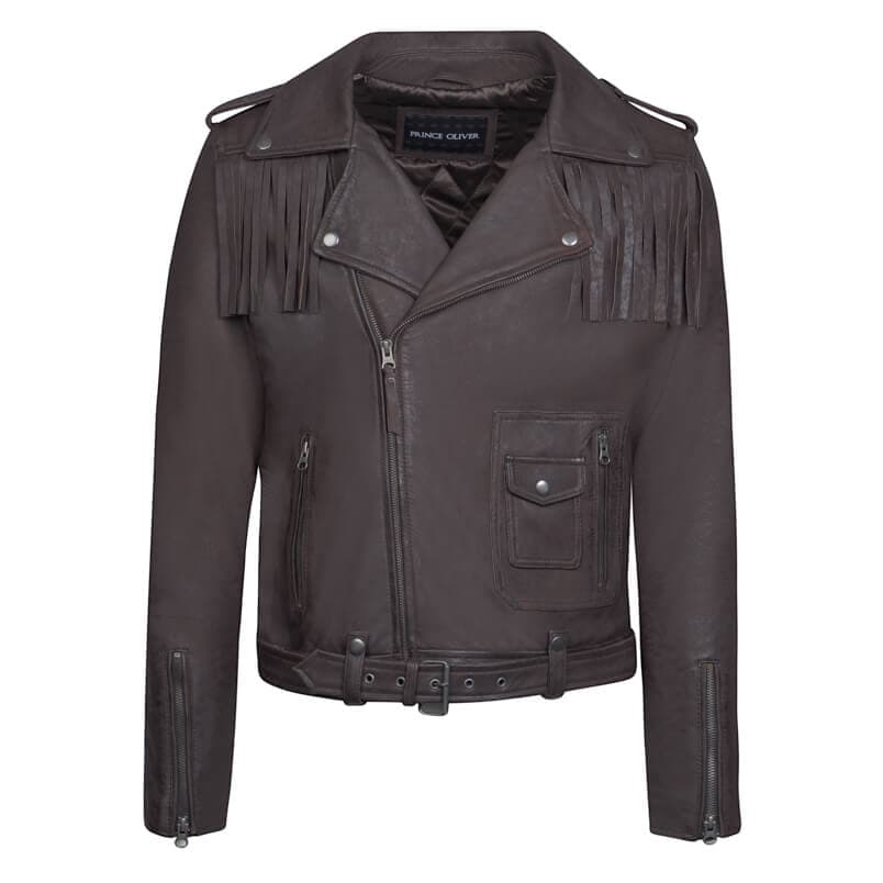 Fashionable Perfecto Jacket Καφέ Με Κρόσια 100% Leather (Modern Fit)