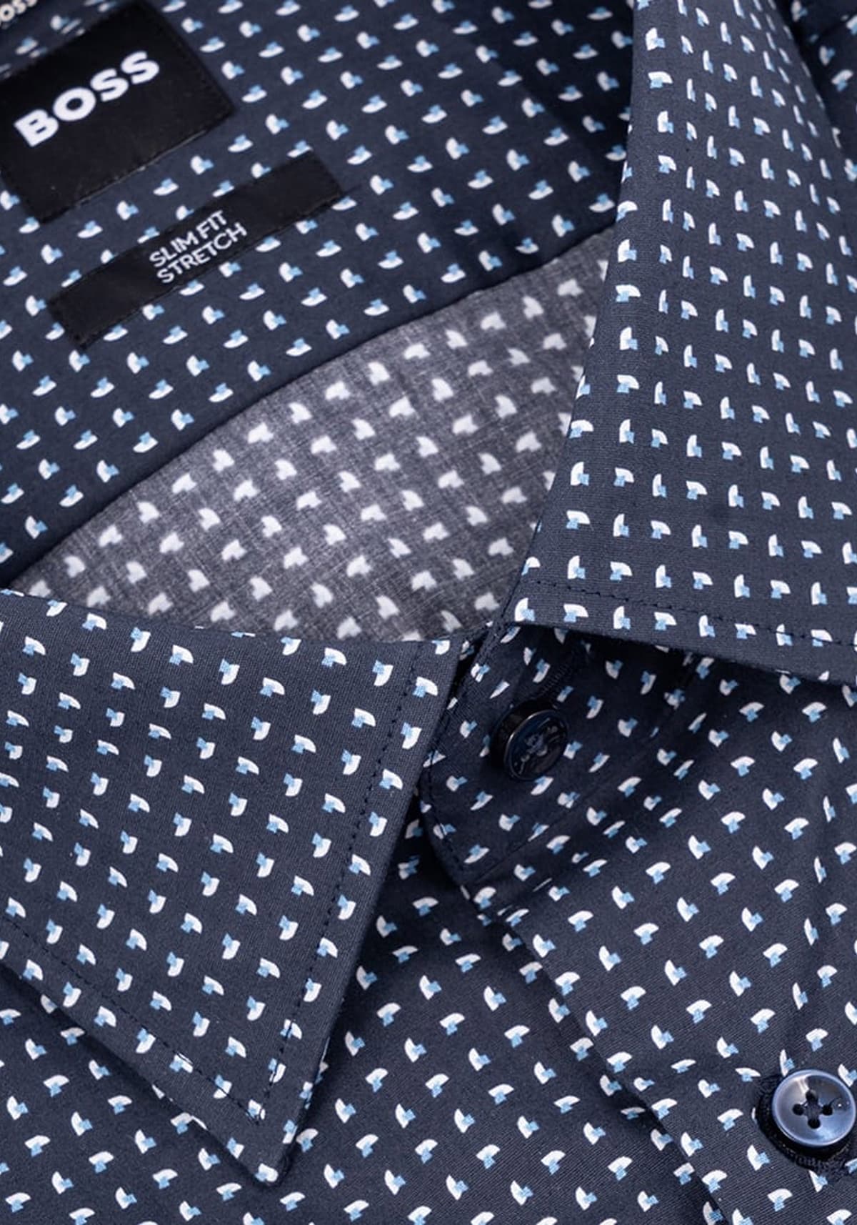 BOSS ΠΟΥΚΑΜΙΣΟ ΜΙΚΡΟΣΧΕΔΙΟ SLIM FIT H-HANK-KENT-C1-214 ΜΠΛΕ-ΛΕΥΚΟ