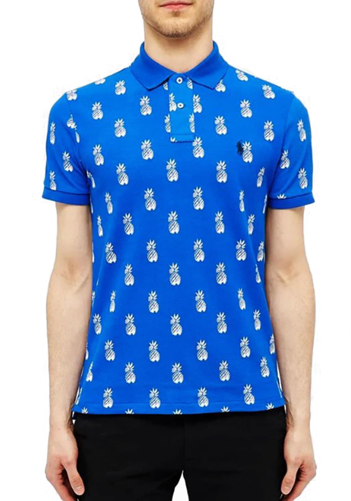 Ανδρική Polo Μπλούζα με Pinapple print σε Custom Slim γραμμή - Blue