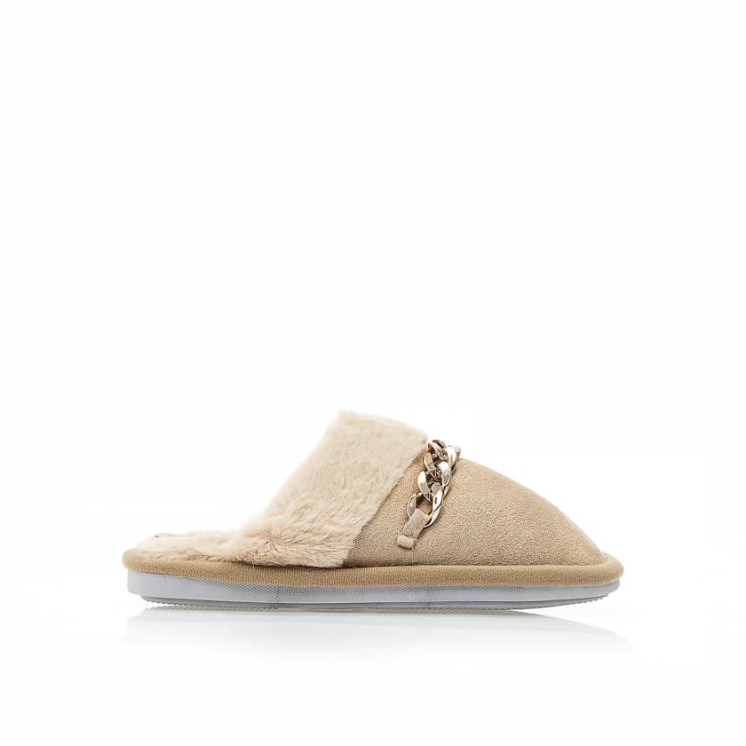 Παντόφλες μαύρες σουέτ με γουνάκι και διακοσμητική αλυσίδα