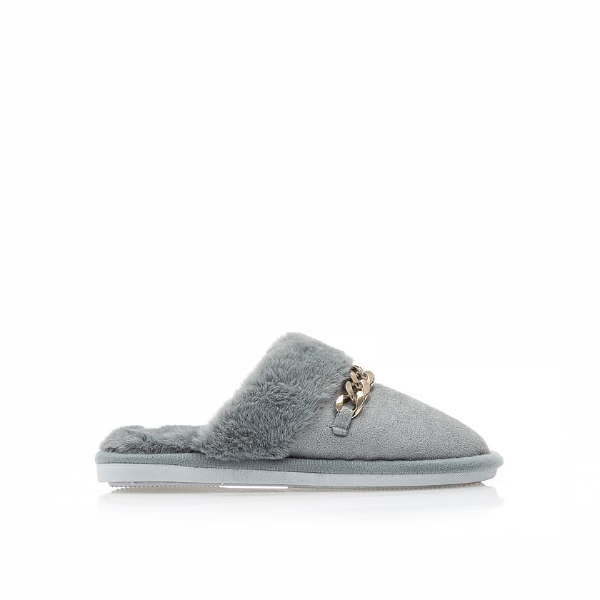 Παντόφλες γκρι σουέτ με γουνάκι και διακοσμητική αλυσίδα