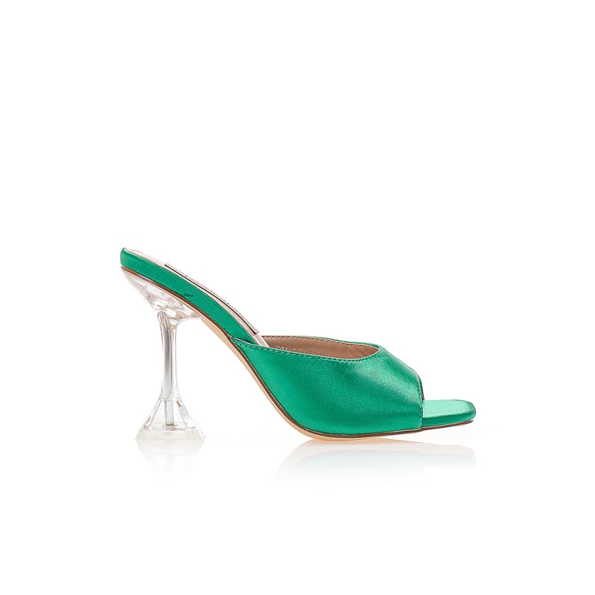 Mules πράσινα σατέν με ιδιαίτερο διάφανο τακούνι