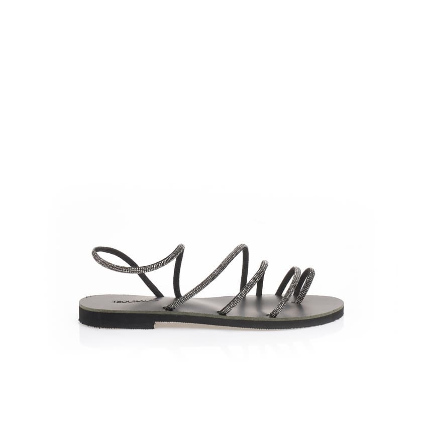 Σανδάλια χειροποίητα ανθρακί δερματίνη με λουράκια και σχέδιο δαχτυλίδι από στρας