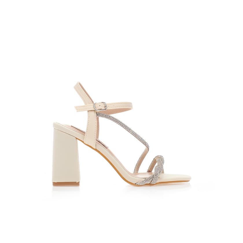 Πέδιλα μπεζ υφασμάτινα με φάσα από λουράκια και λοξό λουράκι από στρας