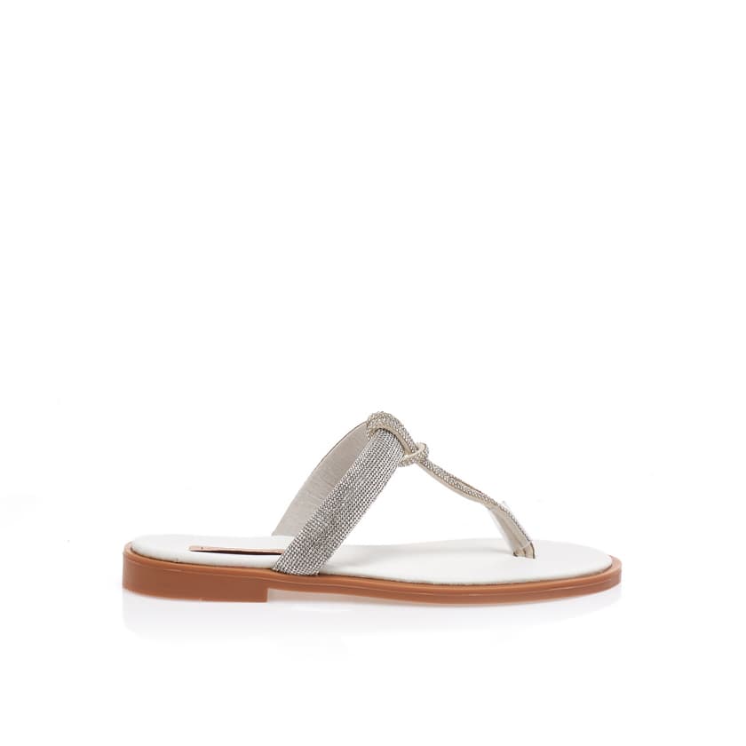 Σανδάλια χειροποίητα ασημί δερματίνη με διχάλα και φάσα από στρας