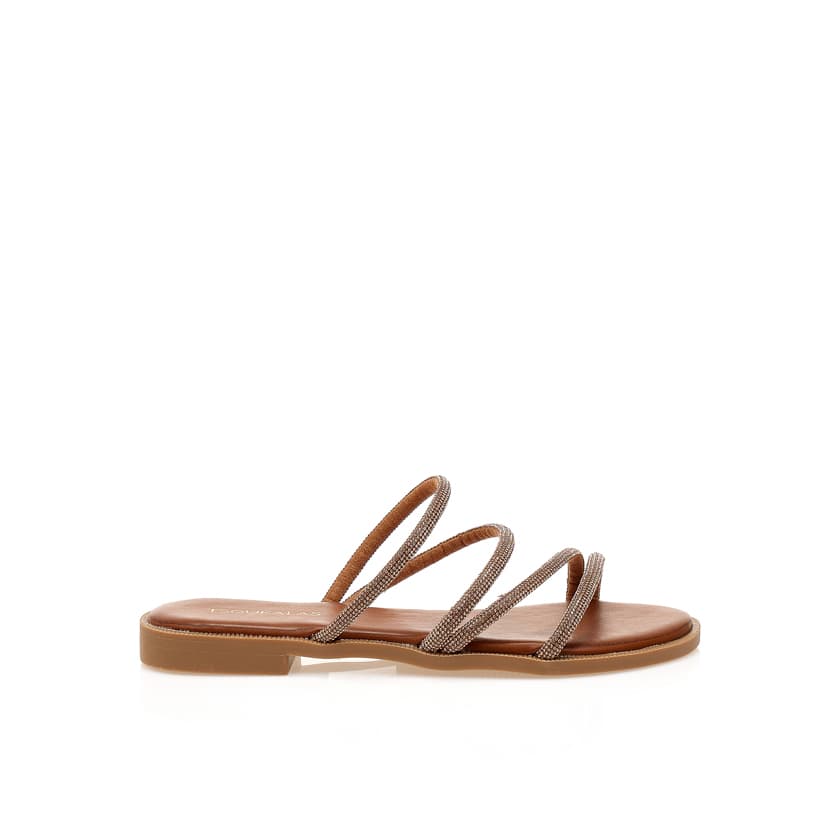 Σανδάλια TSOUKALAS κάμελ δερματίνη με πολλαπλά λουράκια από στρας