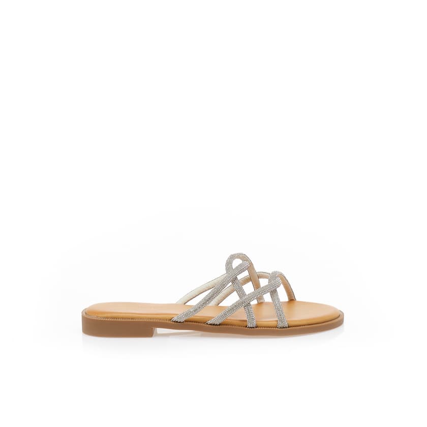 Σανδάλια TSOUKALAS εκρού δερματίνη με πολλαπλά λουράκια από στρας