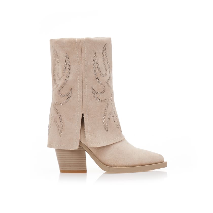 Μποτάκια μπεζ σουέτ cowboy με αναδιπλούμενη φάσα και σχέδιο απο στρας