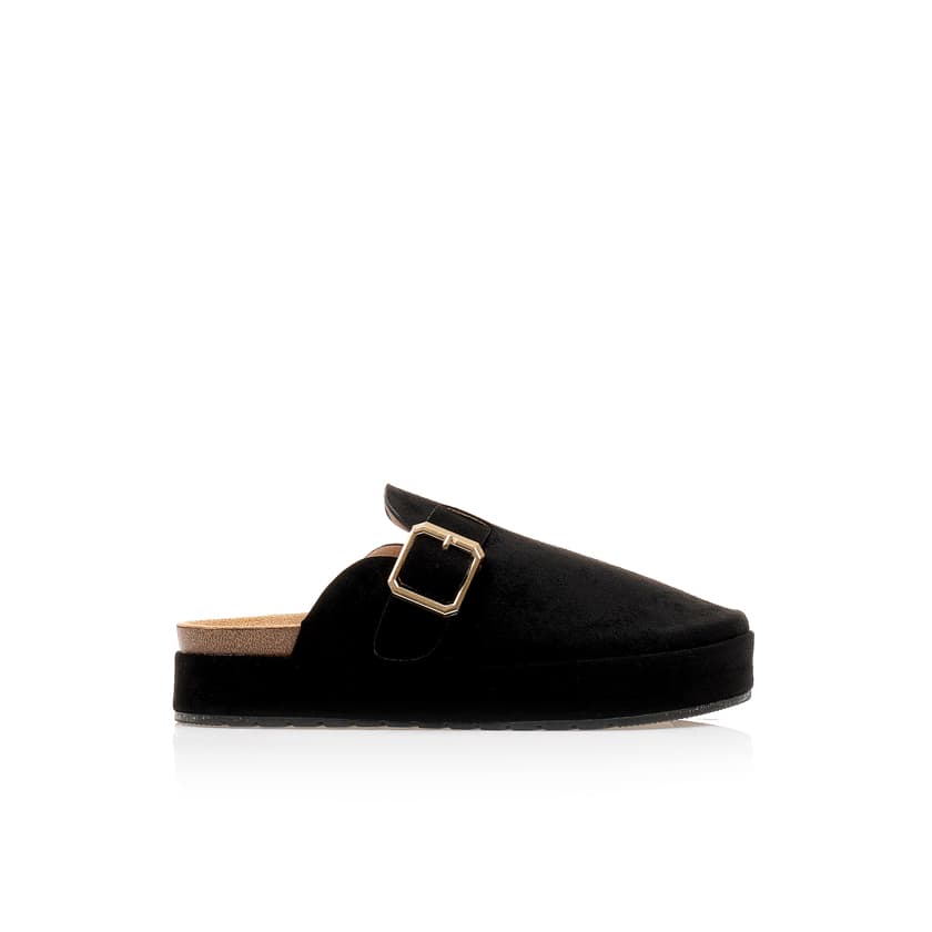 Παντόφλες μαύρες σουέτ με διακοσμητικό λουράκι