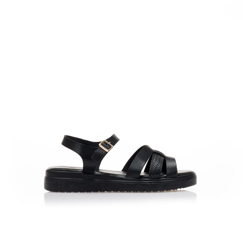 Flatforms TSOUKALAS μαύρα δερματίνη με πολλαπλά λουράκια