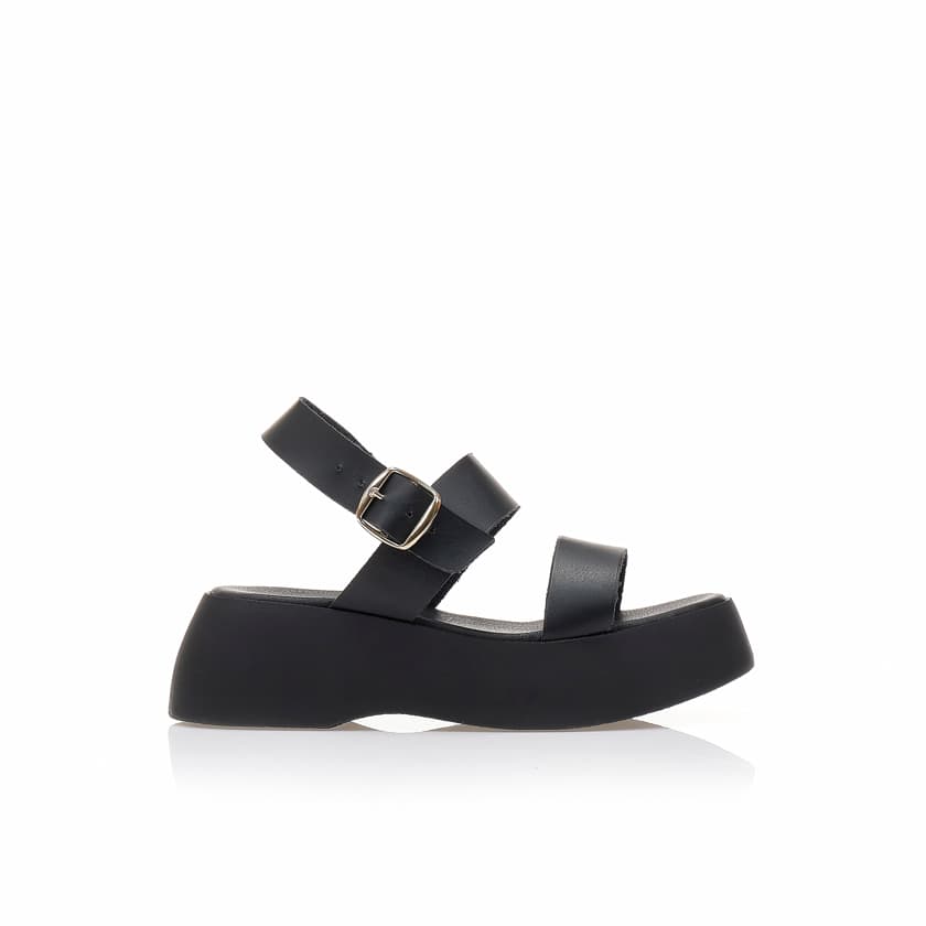 Flatforms μαύρα χειροποίητα δερματίνη με λουράκι στον αστράγαλο