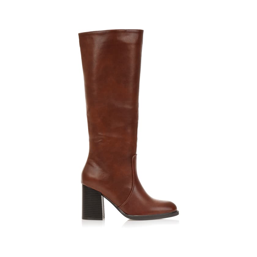 Μπότες κάμελ δερματίνη με χοντρό τακούνι