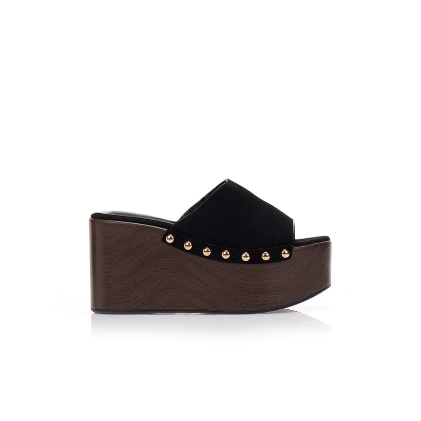 Πλατφόρμες mules μαύρες σουετ με τρουκς
