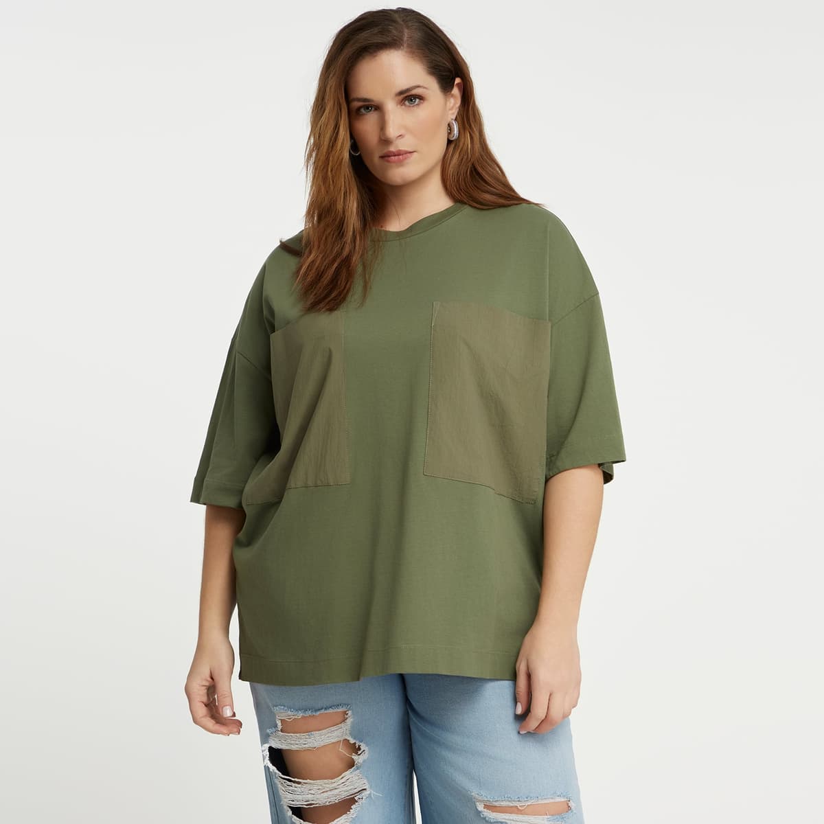 Μπλούζα t-shirt βαμβακερή με τσέπες από ποπλίνα