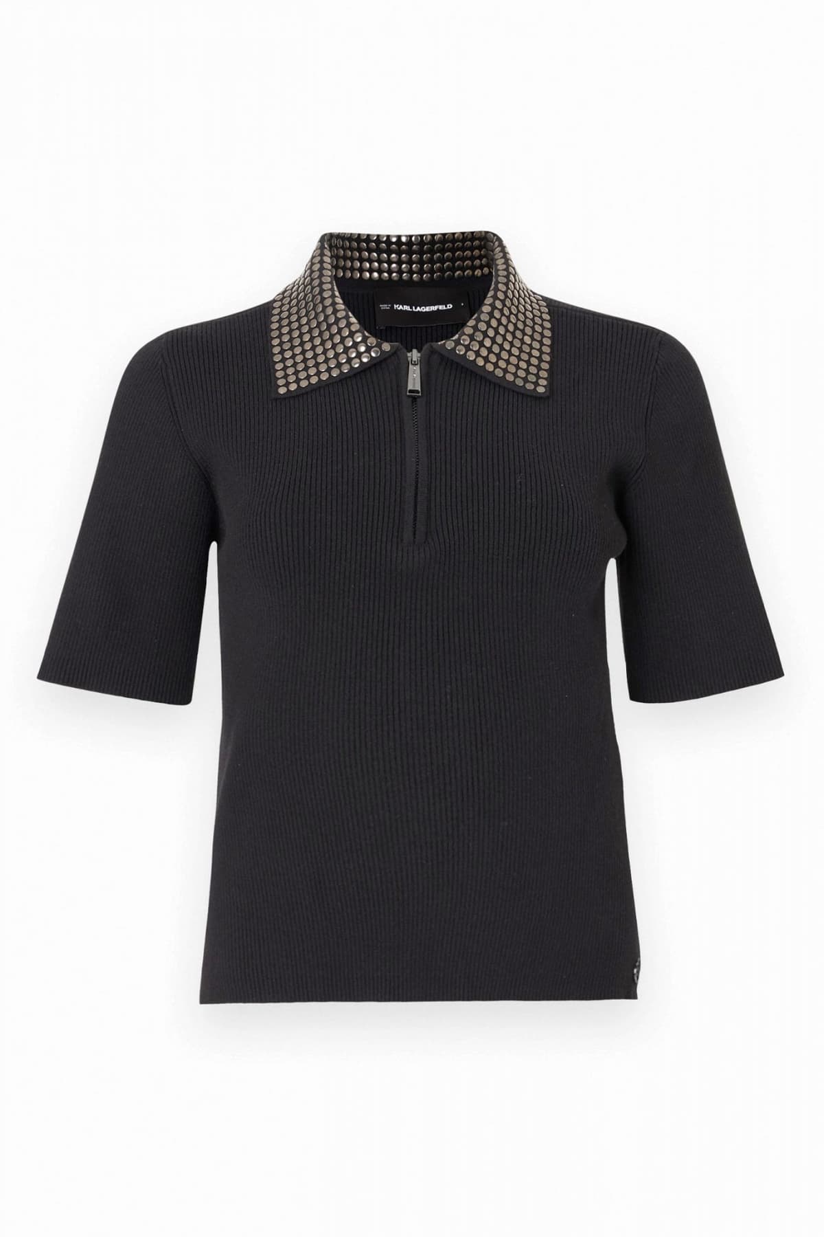 KARL LAGERFELD POLO ΠΛΕΚΤΟ STUD DETAIL COLLAR HALFZIP ΤΡΟΥΚΣ LOGO ΜΕΤΑΛΛΙΚΟ ΜΑΥΡΟ
