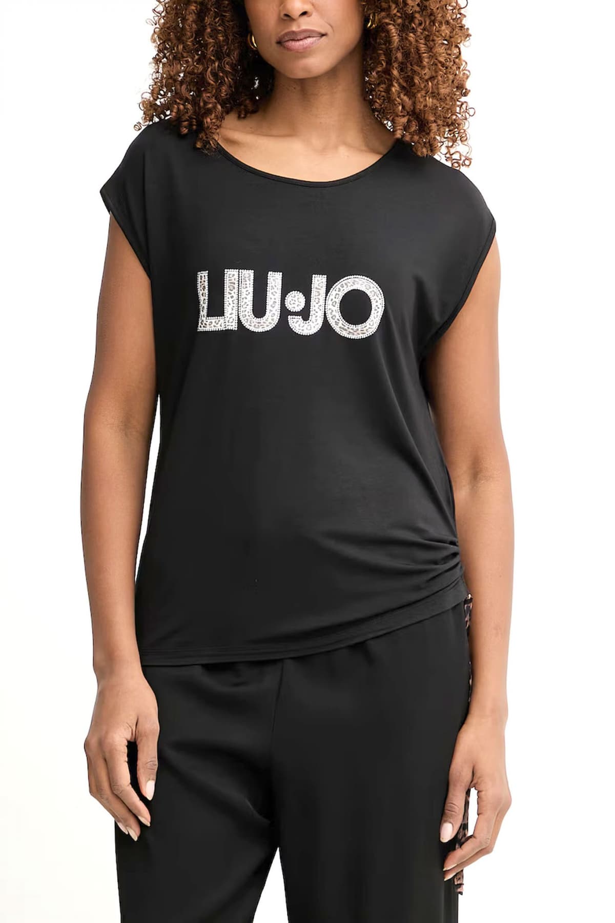 LIU-JO BETTER TANK TOP LOGO LEOPRAD PRINT ΣΤΡΑΣ ΛΑΣΤΙΧΟ ΚΑΤΩ ΜΑΥΡΟ