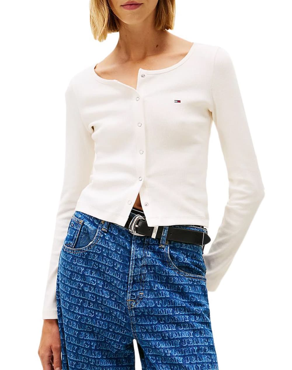 TOMMY JEANS TJW SLIM RIB SNAP BUTTON LS DW0DW22479-YBH OffWhite