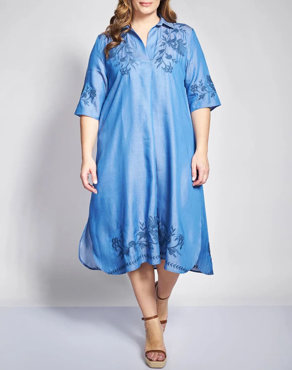 PARABITA Φόρεμα tencel όψη τζιν με κεντητή μπορντούρα 012610609802-003 Blue