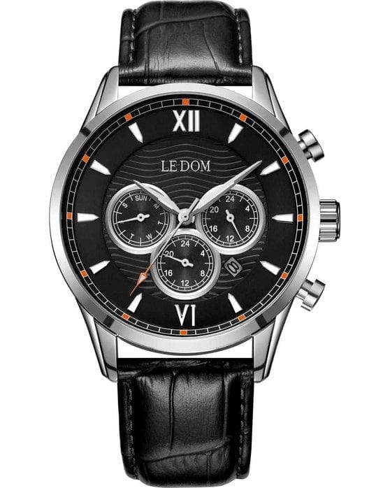 LE DOM Aviator Dual Time - LD.1498-4, Silver case with Black Leather Strap